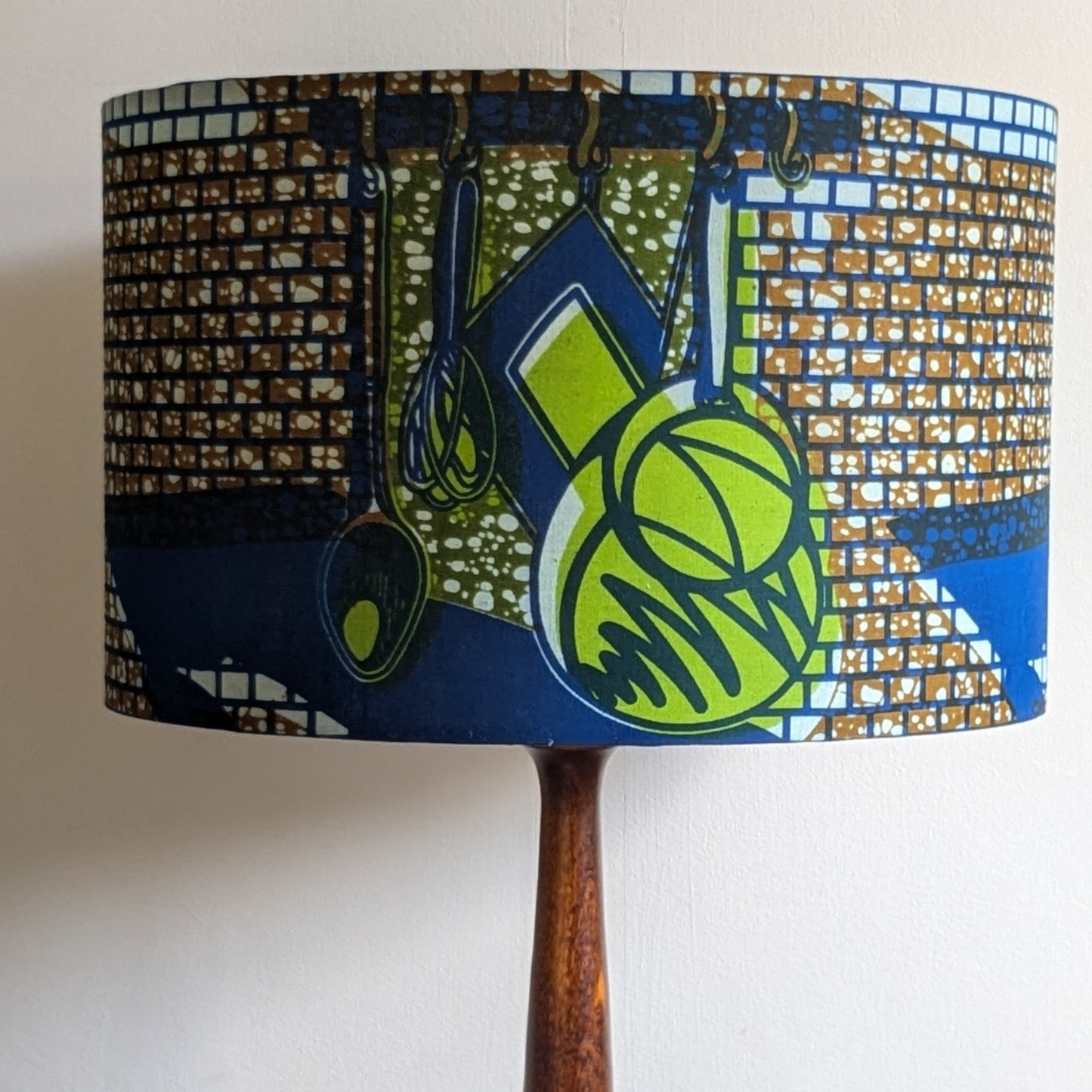 African Wax Print Lampshade SONJE: Green Blue Kitchen Utensils Pattern